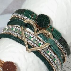 New Boho Gold Heart/Green Multi-Row Wrap Bracelet With Magnetic Closure